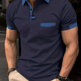 kkboxly  Breathable Regular Fit Contrast Color Design Golf Polo Shirt, Men's Casual V-Neck T-Shirt Short Sleeve For Summer, Men's Clothing