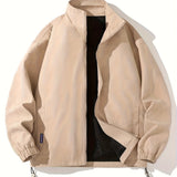 kkboxly  Men's Casual Loose Fit Jacket, Vintage Style Lapel Preppy Style Zip Up Jacket