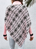 kkboxly  Plaid Pattern Turtle Neck Cape Sweater, Casual Batwing Sleeve Asymmetrical Hem Sweater, Women's Clothing