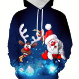 kkboxly  Christmas Elk& Santa Print Hoodie, Cool Hoodies For Men, Men's Casual Graphic Design Pullover Hooded Sweatshirt With Kangaroo Pocket Streetwear For Winter Fall, As Gifts