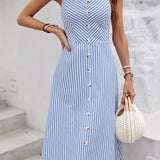 kkboxly  Striped Print Sleeveless Dress, Sexy Spaghetti Strap Midi Dress, Women's Clothing