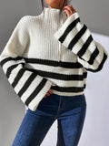 kkboxly  Striped Pattern Half Zip Pullover Sweater, Casual Bell Sleeve Sweater For Fall & Winter, Women's Clothing