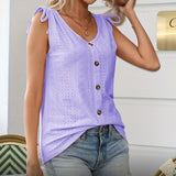 2025 kkboxly  Eyelet Drawstring Tank Top, Elegant Crew Neck Button Front Summer Sleeveless Top, Women's Clothing