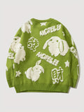 kkboxly  YWFG All Match Knitted Cute Rabbit & Wealth Chenille Embroidery Sweater, Men's Casual Warm Slightly Stretch Crew Neck Pullover Sweater For Men Fall Winter