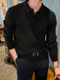 kkboxly  Chic Knit Polo Shirt, Men's Casual Stylish Lapel Middle Stretch V-Neck Pullover Sweater For Winter Autumn