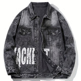kkboxly  Letter Print Loose Fit Distressed Denim Jacket, Men's Casual Lapel Vintage Style Multi Pocket Denim Jacket Coat For Spring Fall