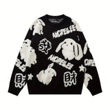 kkboxly  YWFG All Match Knitted Cute Rabbit & Wealth Chenille Embroidery Sweater, Men's Casual Warm Slightly Stretch Crew Neck Pullover Sweater For Men Fall Winter