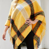 Plaid Pattern Tassel Trim Cape Sweater, Casual Batwing Sleeve Sweater, Women's Clothing