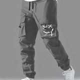 kkboxly  Smile Print, Men's Drawstring Cargo Pants, Flap Pocket Loose Trendy Jogger Pants, Mens Work Pants