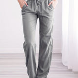 kkboxly  Plus Size Casual Pants, Women's Plus Solid Elastic Drawstring Slight Stretch Straight Leg Pants