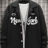 kkboxly  Men's Casual "New York" Print Varsity Jacket, Chic Button Up Lapel Lightweight Thin Jacket