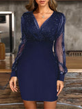 2025 kkboxly  Solid Sequin Stitching Lace Long Sleeve Dress, Elegant Mesh Slim Sexy Party Dress, Women's Clothing