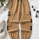 Boys Casual Cargo Pants, Elastic Waist Drawstring Jogger Pants With Pocket, Kids Clothing