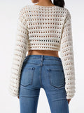 kkboxly  Y2K Crochet Crop Top, Long Sleeve Solid Casual Top, Women's Clothing