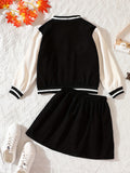2025 kkboxly  Girls 2pcs Long Sleeve Baseball Jacket Button Coat & Pleated Short Skirt Letter B Print Corduroy Preppy Casual Kids Clothes For Spring And Autumn