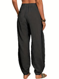 kkboxly  Solid Elastic Waist Pants, Casual Long Length Versatile Pants With Pockets, Women's Clothing