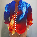 kkboxly  Blue, Red Flame 3D Pattern Print Men's Casual Long Sleeve Shirt, Men's Shirt For Spring Summer Autumn, Tops For Men