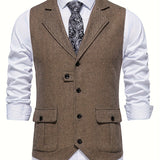 kkboxly  Men's Herringbone Tweed Vest Notched Lapel Single Breasted Sleeveless Vest Jacket