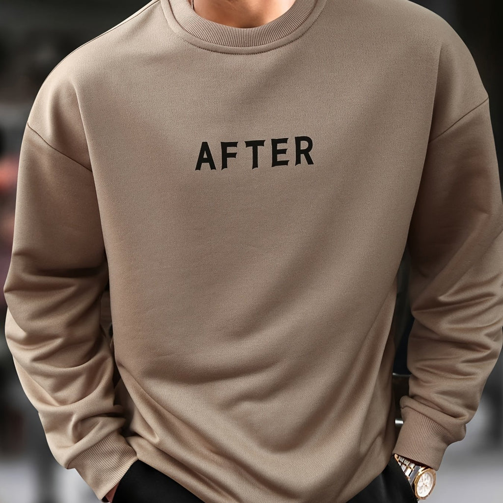 kkboxly  AFTER Print Trendy Sweatshirt, Men's Casual Graphic Design Slightly Stretch Crew Neck Pullover Sweatshirt For Autumn Winter