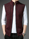 Elegant Slightly Stretch Cardigan Vest, Men's Casual Vintage Style V Neck Stand Collar Zip Up Cardigan Vest For Fall Winter