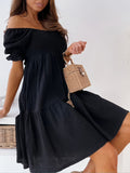 kkboxly  Off Shoulder Shirred Dress, Elegant Ruffle Hem Short Sleeve Dress, Women's Clothing