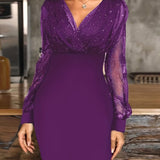2025 kkboxly  Solid Sequin Stitching Lace Long Sleeve Dress, Elegant Mesh Slim Sexy Party Dress, Women's Clothing