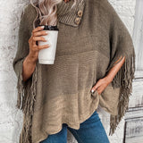 Color Block Tassel Trim Cape Sweater, Casual Asymmetrical Collar Button Sweater, Women's Clothing