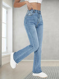 kkboxly  High Waist Leisure Bootcut Jeans, Mid-stretch Plicated Pattern Denim Pants With Slash Pocket, Women's Denim Jeans & Clothing