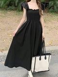 kkboxly  Solid Square Neck Dress, Elegant Ruffle Sleeve Shirred Dress For Spring & Summer, Women's Clothing