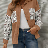kkboxly  Corduroy Leopard Print Stitching Coat, Casual Lapel Long Sleeve Button Down Fashion Loose Outerwear, Women's Clothing
