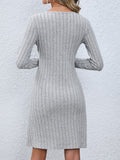 kkboxly  Solid Ribbed Dress, Casual Button Front V Neck Long Sleeve Dress, Women's Clothing