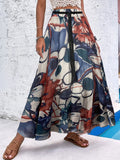 kkboxly  Floral Print Maxi Skirt, Boho Holiday Beach High Waist Elastic Drawstring Skirt, Women's Clothing