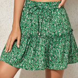 kkboxly  Drawstring Waist Mini Tiered Skirt, Floral Print Vacation Casual Layered Skirt, Women's Clothing