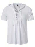 kkboxly  Trendy Men's Casual Lace Up Hooded Short Sleeve Cotton Shirt, Men's Shirt For Summer Vacation Resort