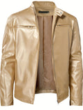 kkboxly  Zipper Pockets PU Jacket, Men's Casual Solid Color Zip Up Stand Collar Faux Leather Jacket For Spring Fall
