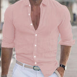 Men's Shirt Top Cotton & Linen Blend Turn-Down Collar Long Sleeves Closure Regular Fit Solid Color Male Casual Shirt For Daily