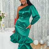 kkboxly  Off Shoulder Lantern Sleeve Ruffle Hem Bodycon Dress, Elegant Bridesmaid Party Guest Dresses For Banquet, Women's Clothing