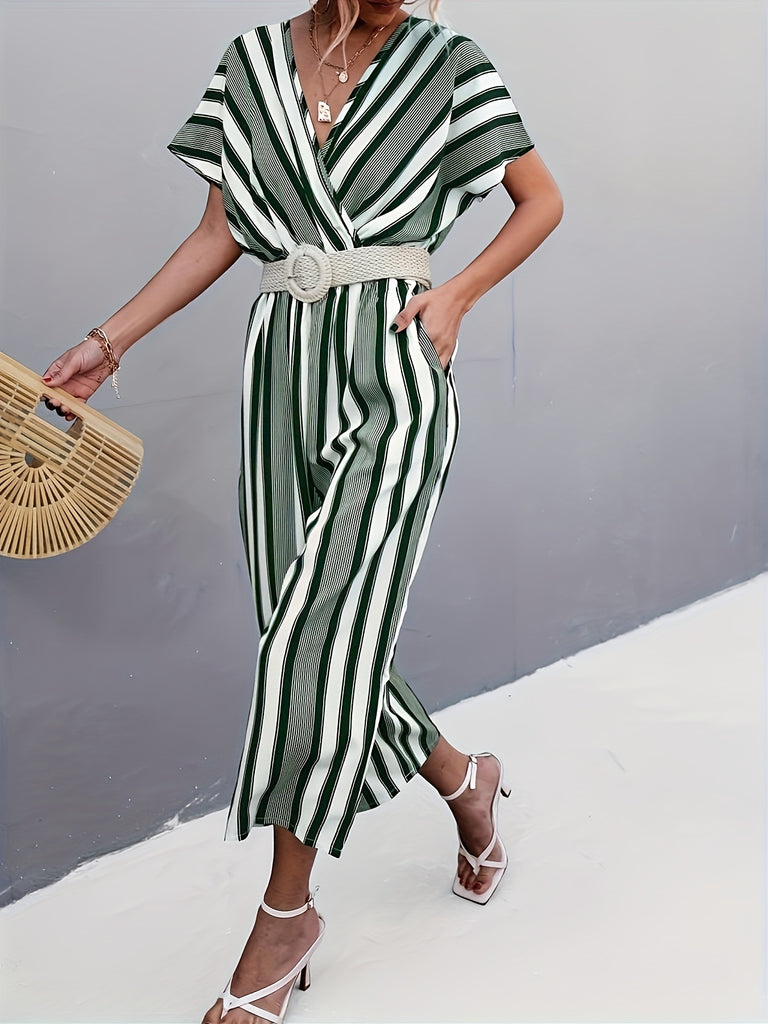 kkboxly  Striped Surplice Neck Belted Jumpsuit, Casual Batwing Sleeve Jumpsuit For Spring & Summer, Women's Clothing