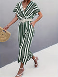 kkboxly  Striped Surplice Neck Belted Jumpsuit, Casual Batwing Sleeve Jumpsuit For Spring & Summer, Women's Clothing