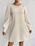 Button Back Solid Dress, Elegant Crew Neck Long Sleeve Dress, Women's Clothing