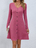 kkboxly  Solid Ribbed Dress, Casual Button Front V Neck Long Sleeve Dress, Women's Clothing
