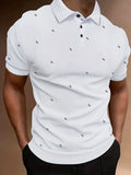 kkboxly  Dot Pattern Stripe Collar Casual Slightly Stretch Button Up Short Sleeve Polo Shirt, Men's POLO For Summer