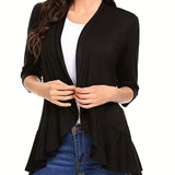 V-neck Loose Pleated Cardigans, Casual Frill Solid 3/4 Sleeve Spring Summer Fall Cardigan, Women's Clothing