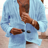 kkboxly  Solid Men's Casual Loose Long Sleeve Button Up Shirt, Spring Fall Outdoor