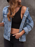 Sky Blue Long Sleeve Denim Coats, Flap Pockets Metal Ball Decor Single-Breasted Button Casual Denim Jackets, Women's Denim Clothing