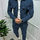 kkboxly  Cotton Blend Men's Trendy 2Pcs Outfit Set Casual Button Up Jacket Long Sleeve Coat And Jogging Pants Set For Men Fall Winter