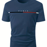 kkboxly  Paris Theme Pattern Print Men's Comfy T-shirt, Graphic Tee Men's Summer Clothes, Men's Outfits