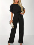 2025 kkboxly  Tie Waist Wide Leg Jumpsuit, Casual Short Sleeve Crew Neck Jumpsuit, Women's Clothing