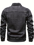 kkboxly  Men's Chic Washed Denim Jacket, Casual Street Style Button Up Contrast Stitching Jacket For Fall Winter