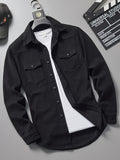 kkboxly  Men's Loose Fit Solid Color Lapel Collar Long Sleeve Denim Jacket With Pockets, Men's Outfits